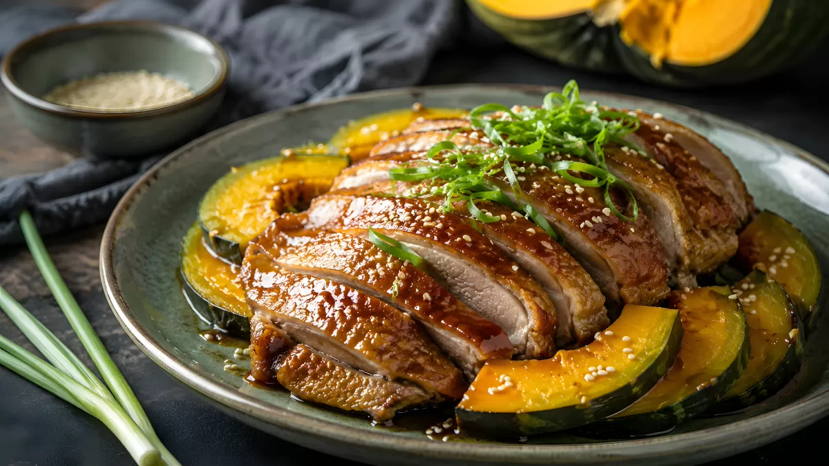 Glasierte Entenbrust mit Kabocha-Kürbis und Frühlingszwiebeln