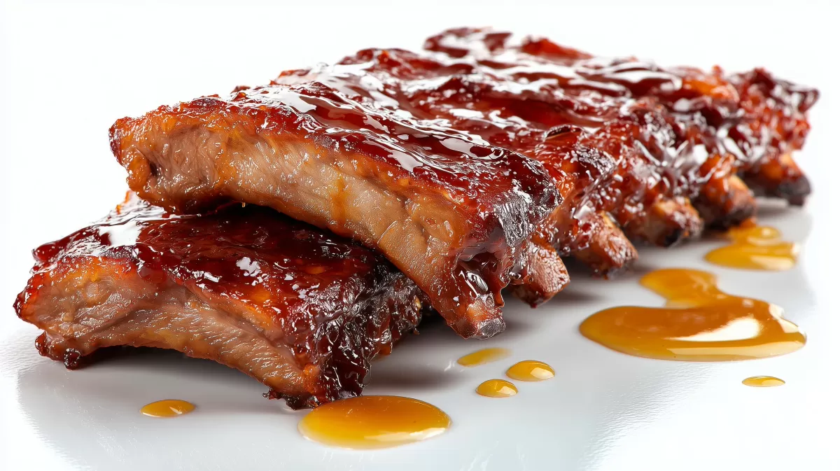 Glasierte Schweinerippe mit Honig auf weißem Teller