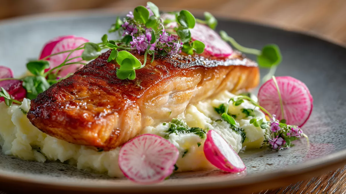 Glasierter Lachs mit Bärlauch-Stampf und Radieschen