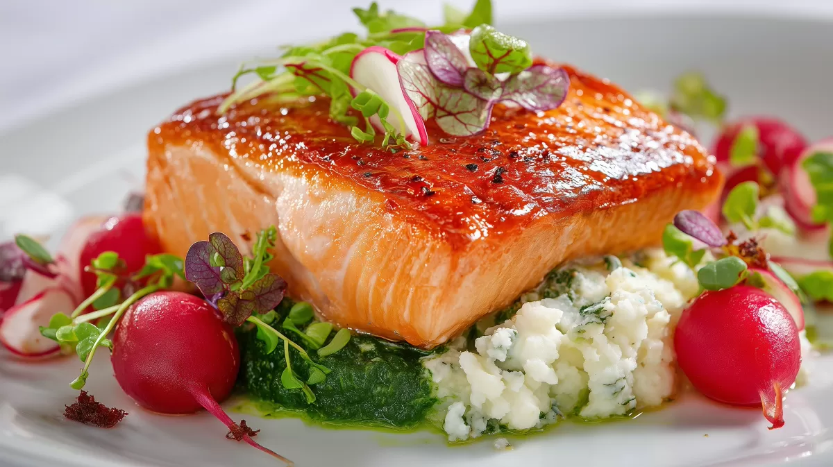 Glasierter Lachs mit Radieschen und Kräuterstampf