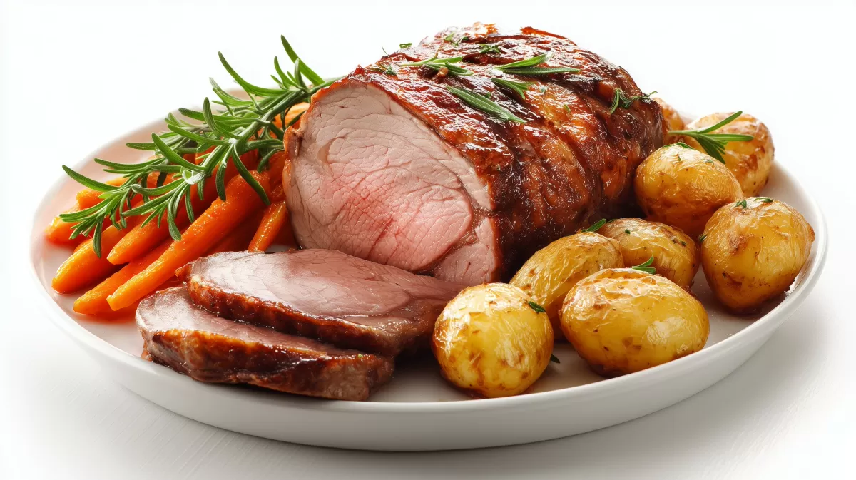 Glasierter Lammbraten mit Rosmarinkartoffeln & Karotten