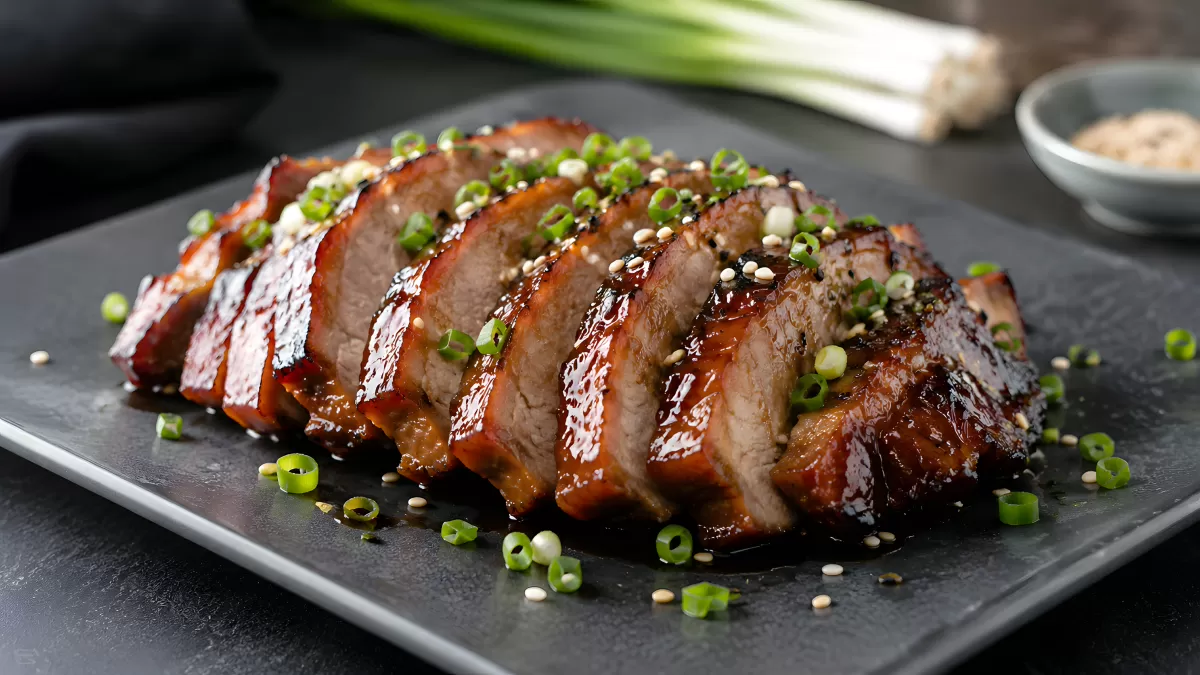 Glasiertes Char Siu Schweinefleisch mit Frühlingszwiebeln