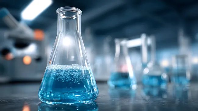 Glaskolben mit blauer Flüssigkeit im Labor