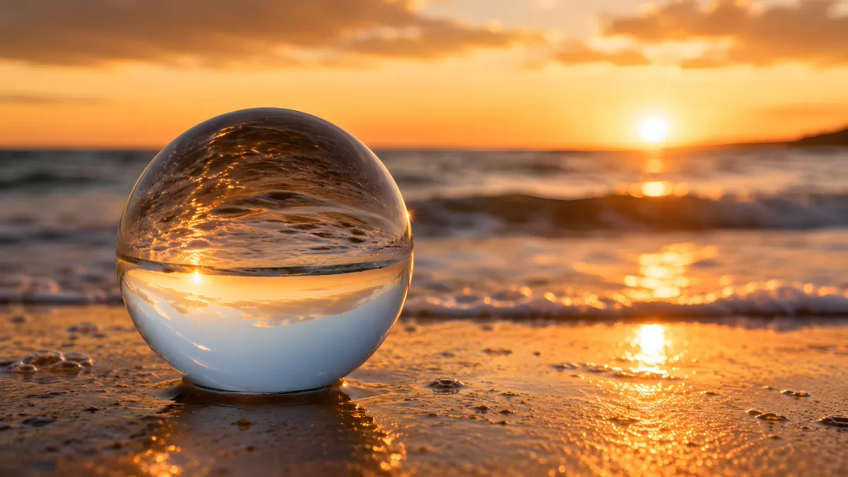 Glaskugel am Strand spiegelt goldenen Sonnenuntergang