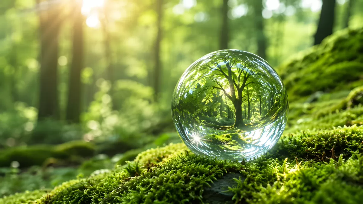 Glaskugel im Wald spiegelt Bäume und Sonnenlicht