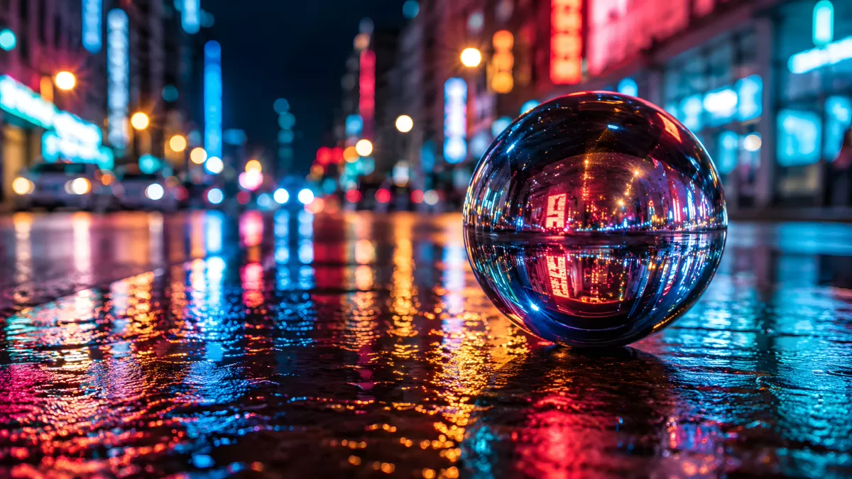 Glaskugel spiegelt nächtliche Stadtlichter im Regen