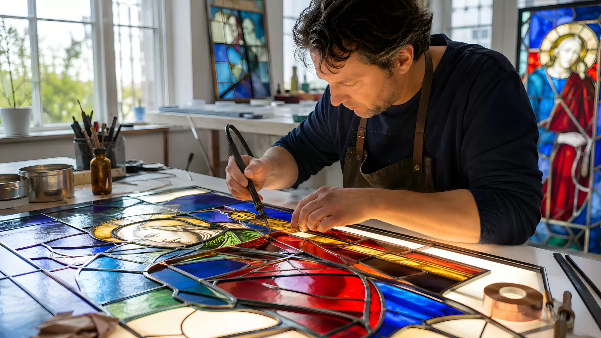 Glasmaler restauriert buntes Kirchenfenster im Atelier