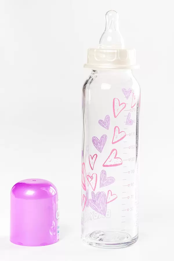 Glass baby bottles with a pacifier