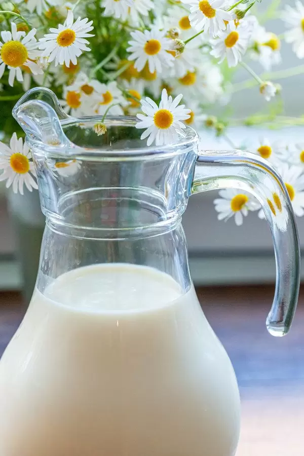 Glass jug with milk and a bouquet of field daisies on the table by the window