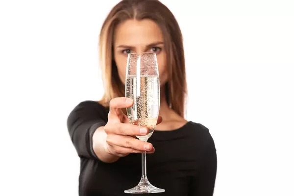 Glass of champagne in a woman's hand, close-up