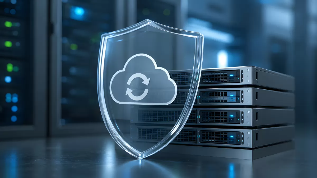 Glasschild mit Cloud-Symbol vor Serverracks im Rechenzentrum