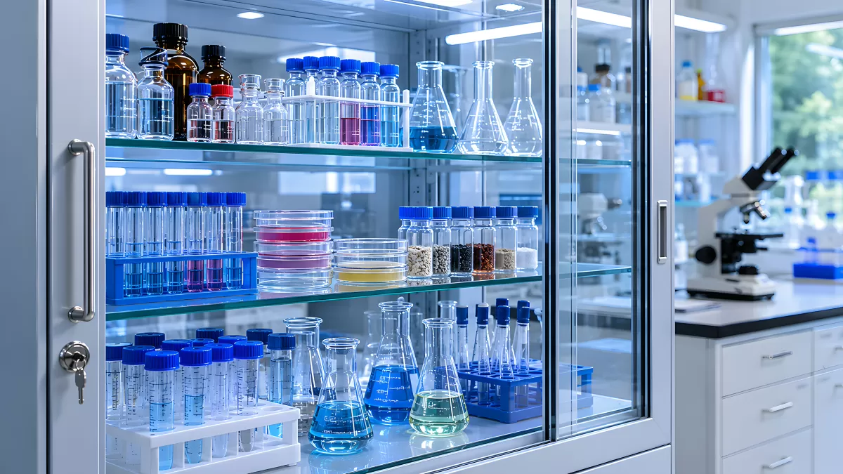 Glasschrank mit Laborgeräten und Chemikalien