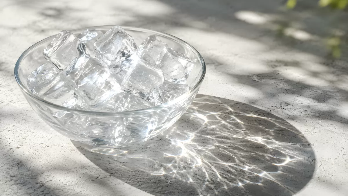 Glasschüssel mit Eiswürfeln im Sonnenlicht