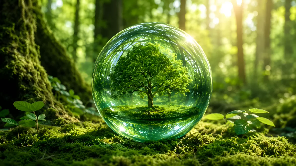 Glasskugel mit Baum im sommerlichen Wald