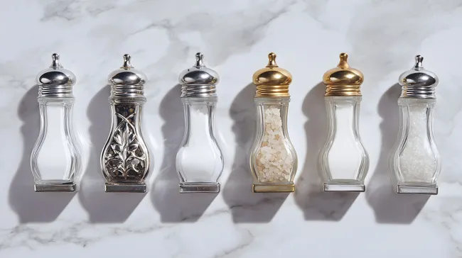 Glasstreuer-Set mit Metalldeckel auf Marmor-Hintergrund