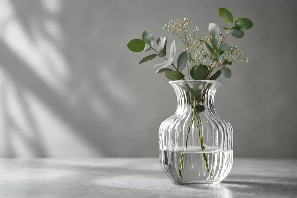 Glasvase mit Eukalyptus und Schleierkraut auf grauem Untergrund