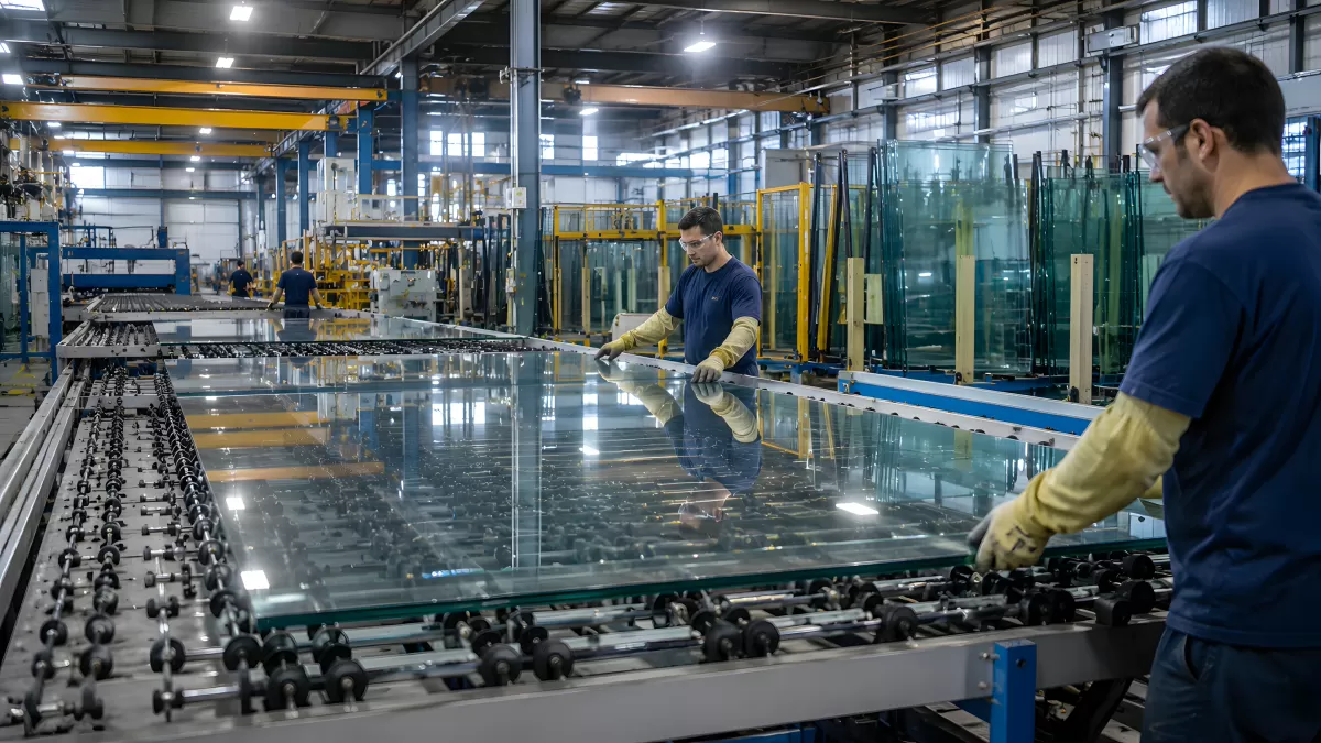 Glasverarbeitung in moderner Industriehalle mit Arbeitern