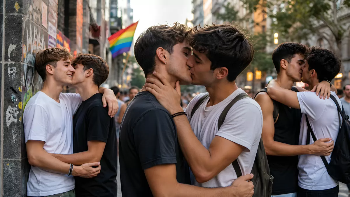 Gleichgeschlechtliche Paare küssen sich beim Pride