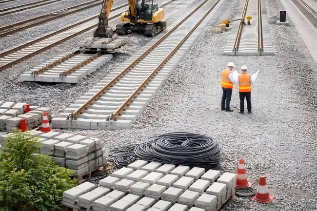 Gleisarbeiten auf Bahnstrecke - Baumaschinen und Arbeiter
