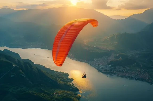 Gleitschirmflieger über Bergsee bei Sonnenuntergang