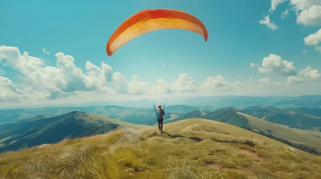 Gleitschirmflug über grüne Berglandschaft