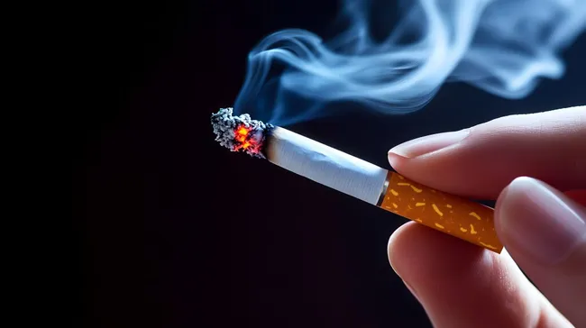 Glimmende Zigarette in Hand vor dunklem Hintergrund