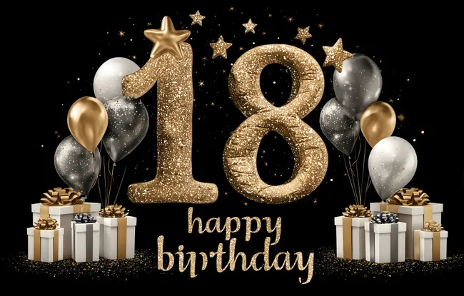 Glitzernde 18. Geburtstag-Feier mit Geschenken und Ballons