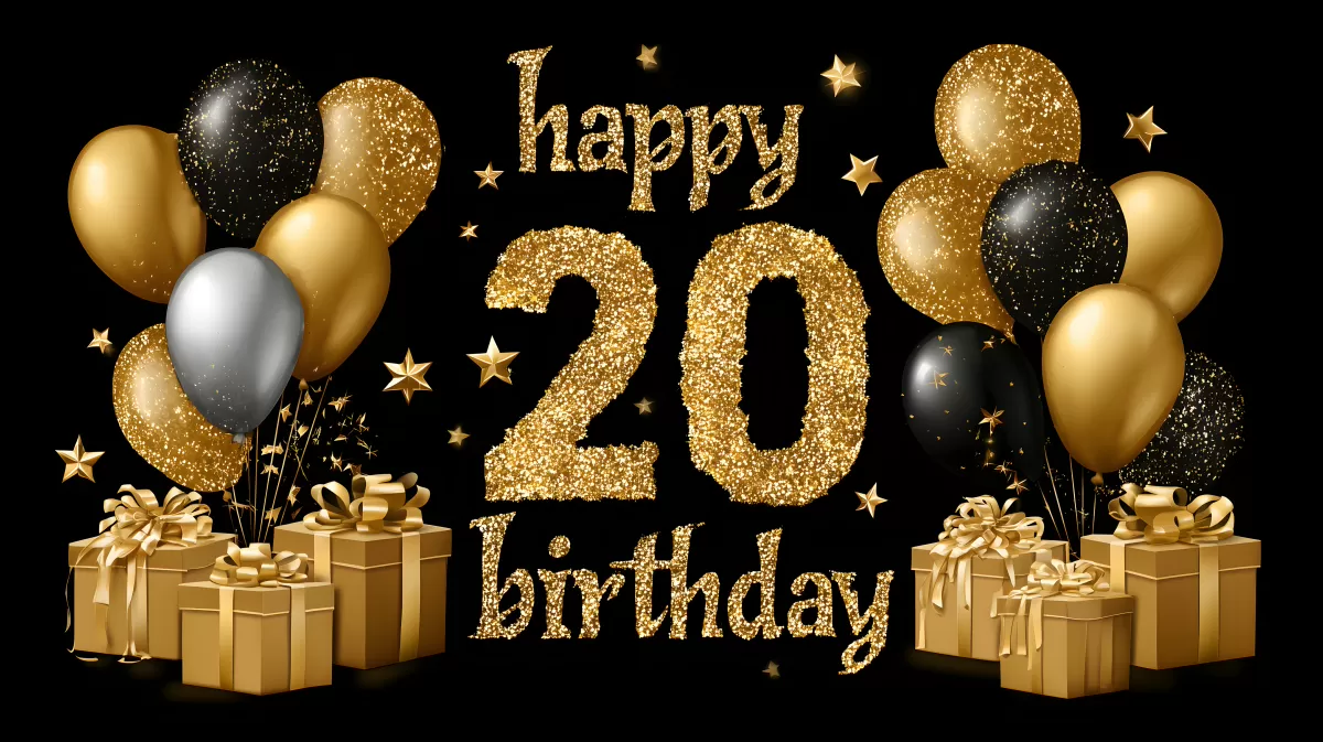 Glitzernde 20. Geburtstagsdekoration mit goldenen Geschenkboxen