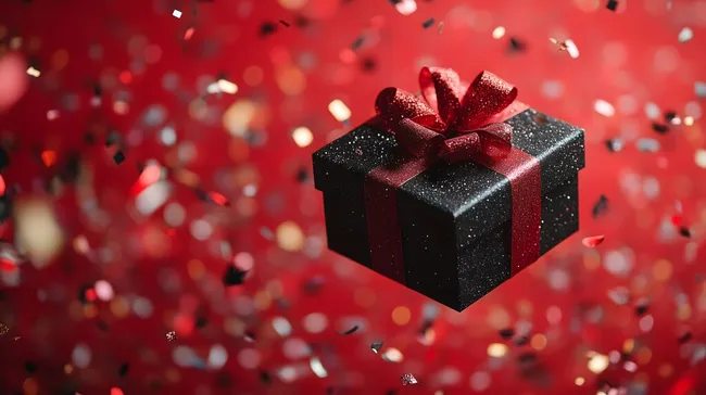 Glitzernde Geschenkbox in Schwarz mit Roter Schleife und Konfetti