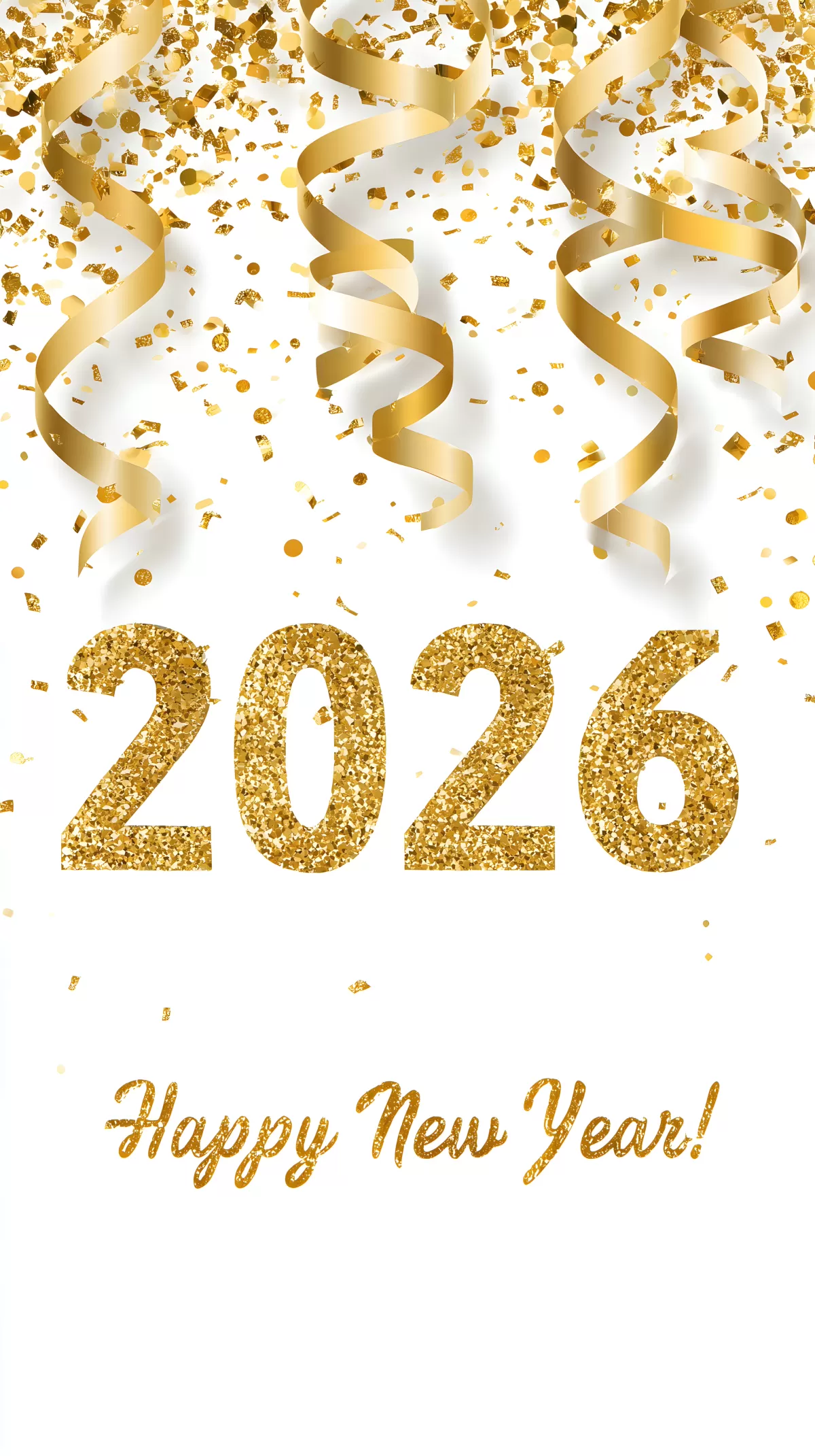 Glitzernde Goldene Konfetti auf weißem Hintergrund - Happy New Year 2026