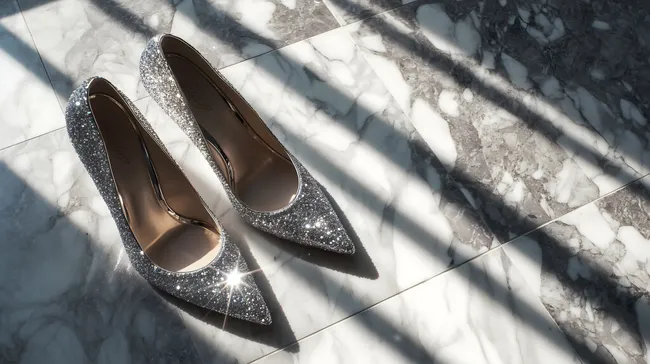 Glitzernde High Heels auf Marmorboden mit Sonnenlicht