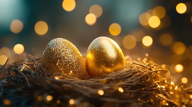 Glitzernde Ostereier in goldenem Nest