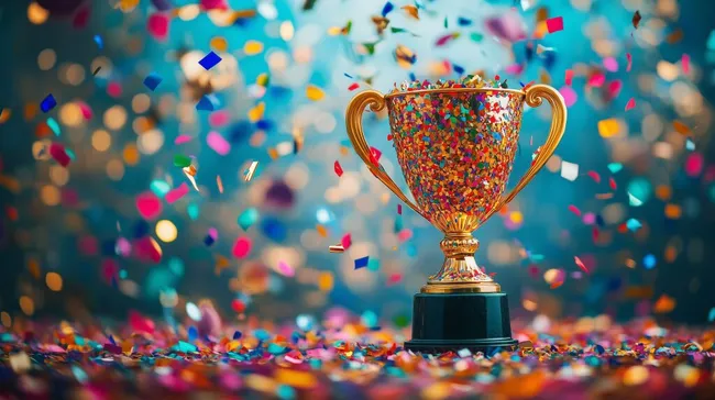 Glitzernde Siegerpokalitrophäe umgeben von bunten Konfetti