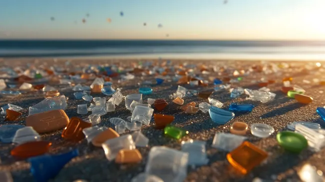 Glitzernde Strandreinigung - Bunte Plastikfragmente am Meeresufer