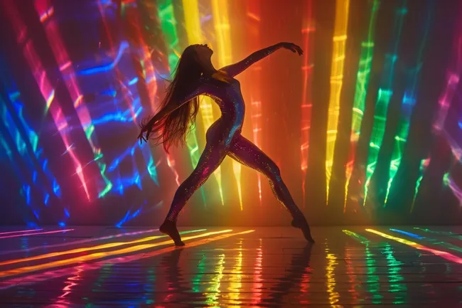 Glitzernde Tänzerin in bunter Lichtkulisse