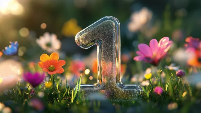 Glitzernde Zahl 1 in bunter Blumenwiese