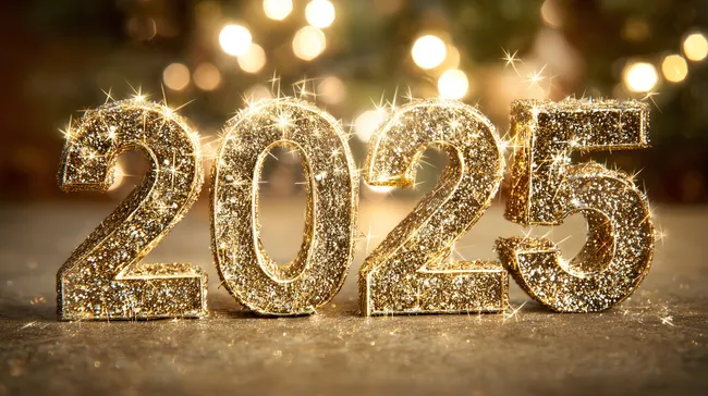 Glitzernde Zahl 2025 vor goldenem Hintergrund