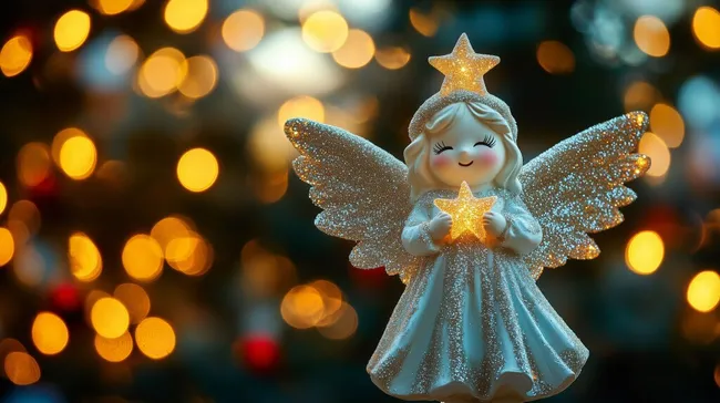 Glitzernder Engel mit Stern vor Weihnachtsbeleuchtung