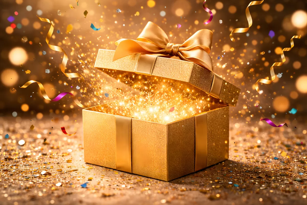 Glitzernder Geschenkkasten mit Schleife in Gold