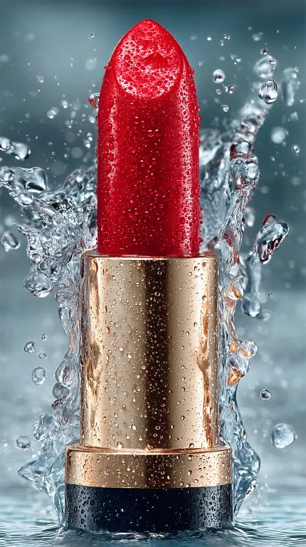Glitzernder roter Lippenstift mit Wassertropfen