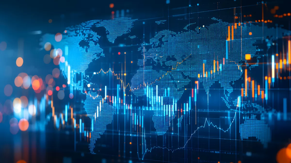 Globale Finanzmärkte mit Kursdiagrammen und Weltkarte