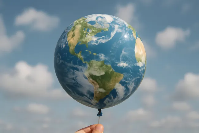 Globus als Luftballon über Wolkenhimmel