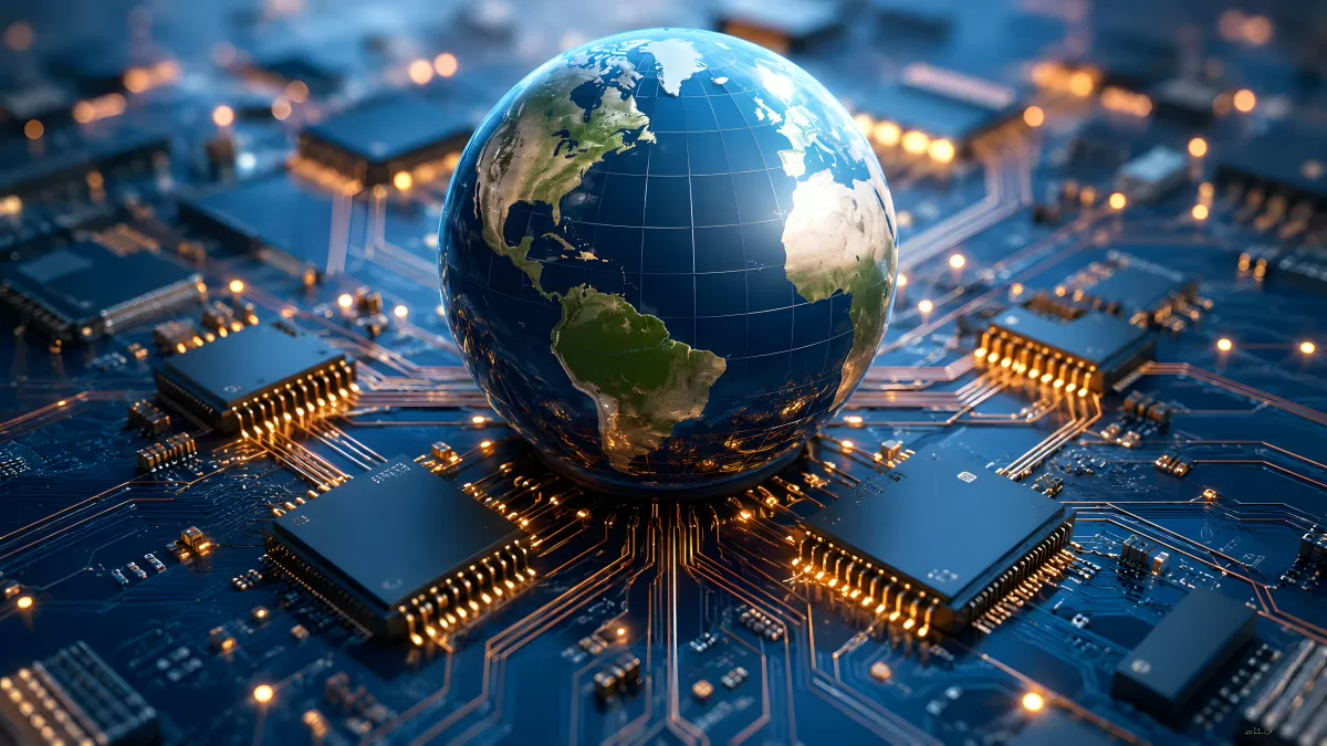 Globus auf Leiterplatte – digitale Vernetzung der Welt