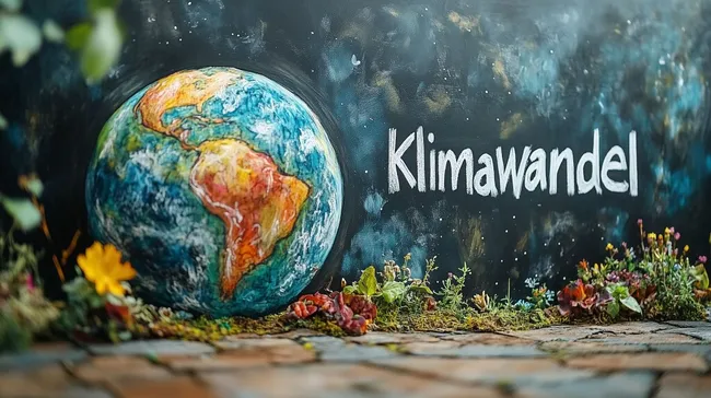 Globus mit Schriftzug 'Klimawandel' und Pflanzen