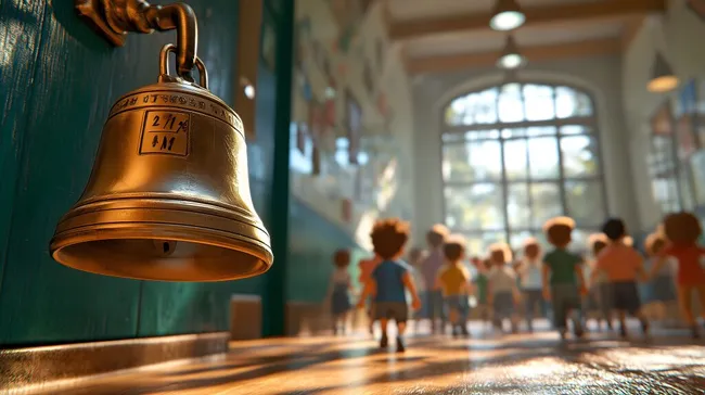 Glocke ertönt, Schüler verlassen Schulgebäude