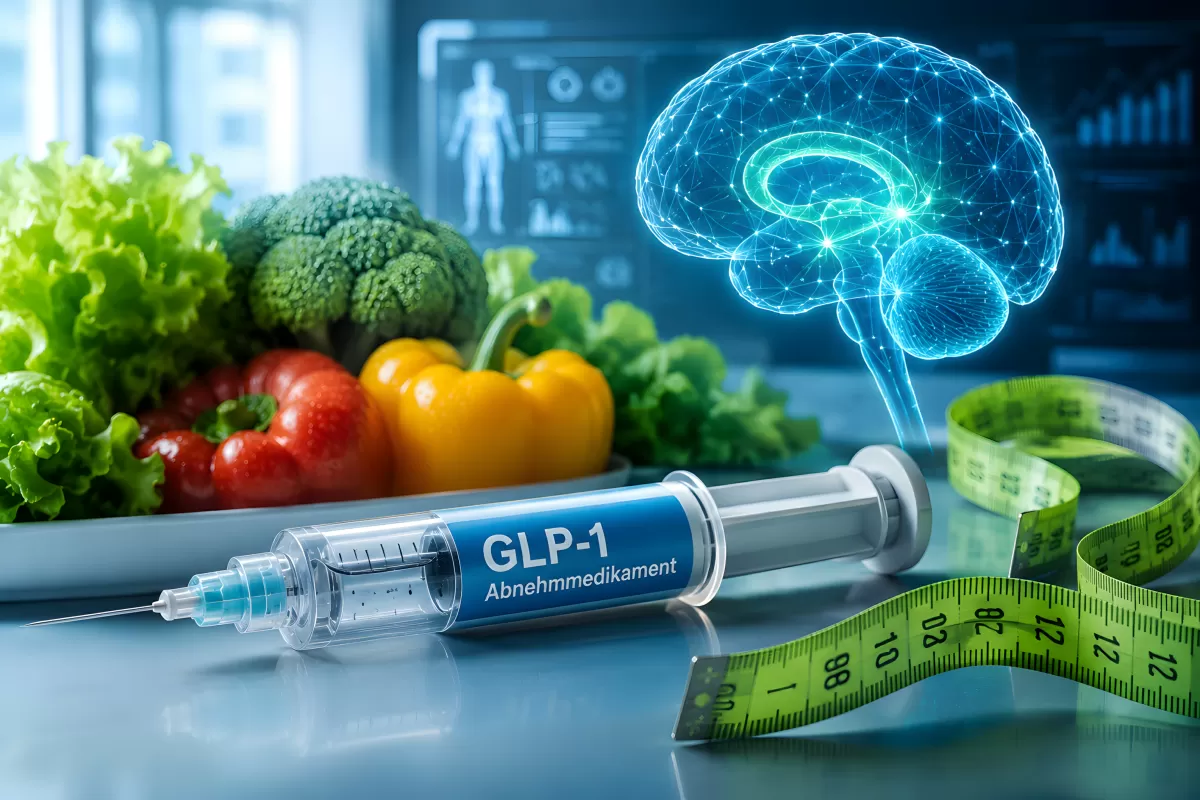 GLP-1 Spritze mit Gemüse, Gehirn und Maßband