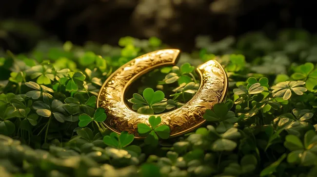 Glück und Erfolg symbolisiert durch goldene Hufeisen und Kleeblätter