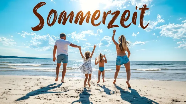 Glückliche Familie am Strand bei Sommerzeit