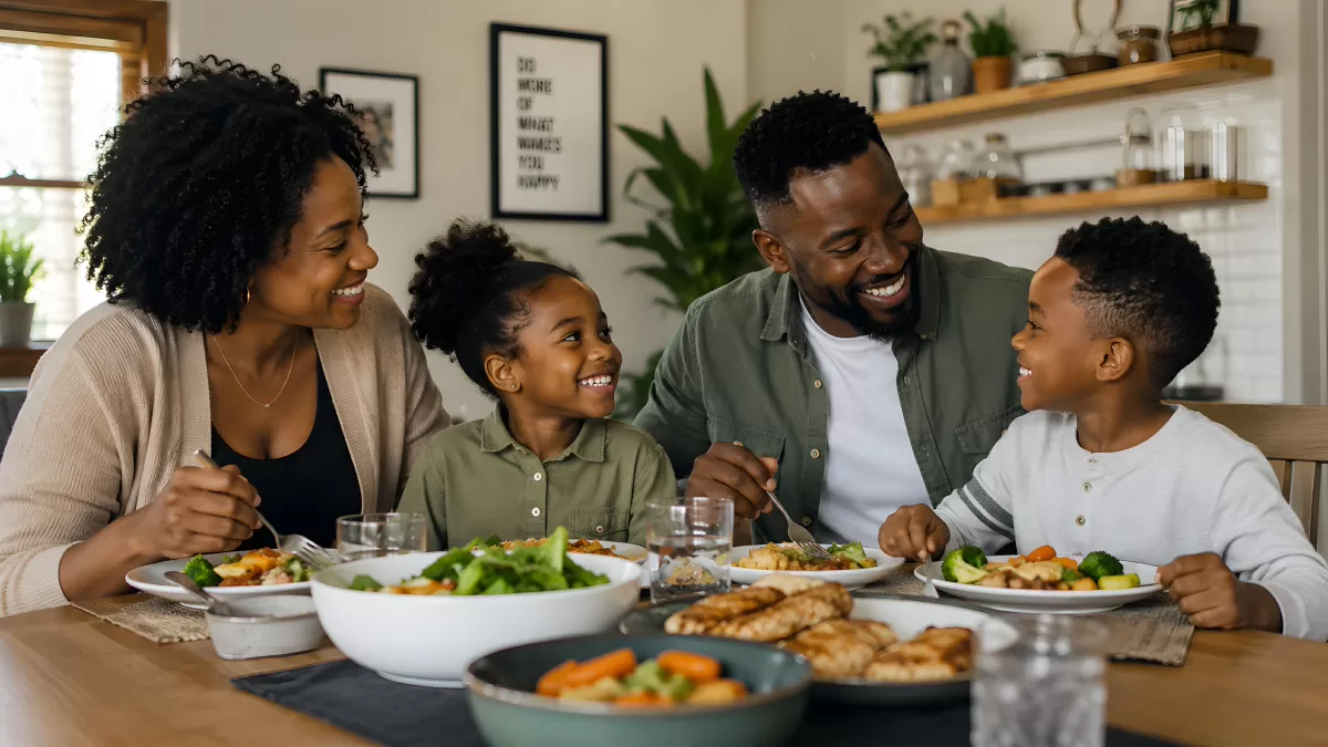 Glückliche Familie beim gemeinsamen Abendessen zuhause