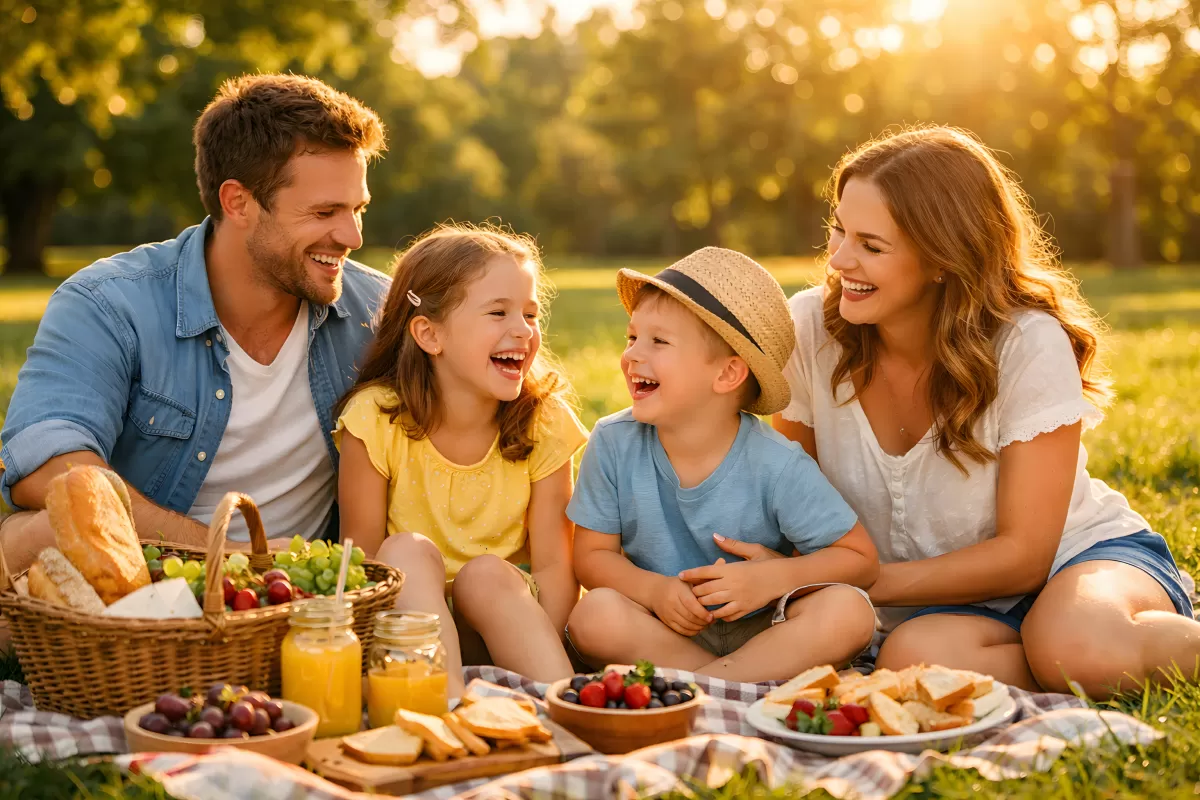 Glückliche Familie beim Picknick im Freien